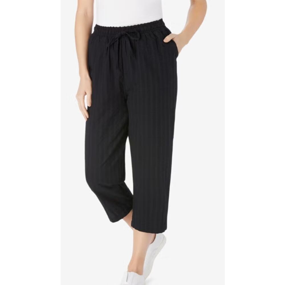 Woman Within Seersucker Pull On Drawstring Capri Pants Black 30W Petite